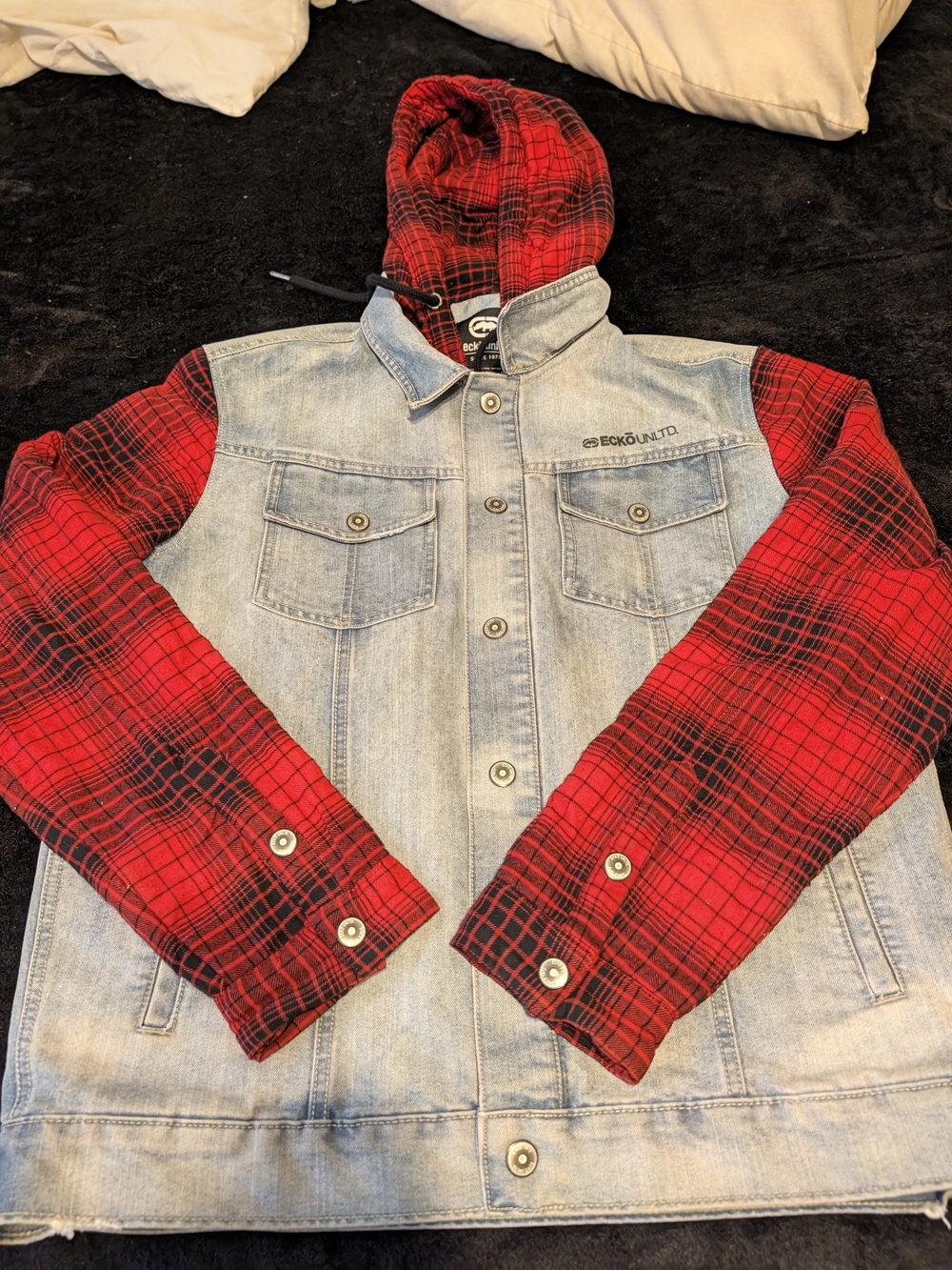 Ecko Unlimited Kids' Denim Jacket with Red Plaid Hood & Sleeves